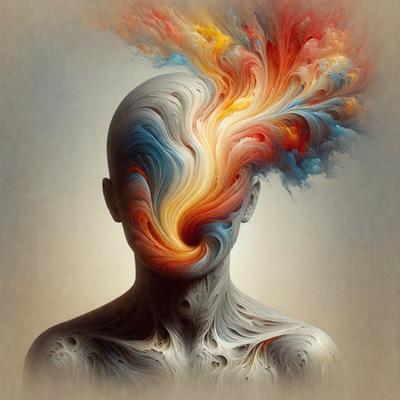 The primary subject of the image is a close-up of a person's head, with a vibrant and colorful background. The head is depicted in a digital art style, and the colors and mood of the image are lively and energetic. The setting appears to be a creative and artistic environment, possibly a studio or a workspace for an artist.